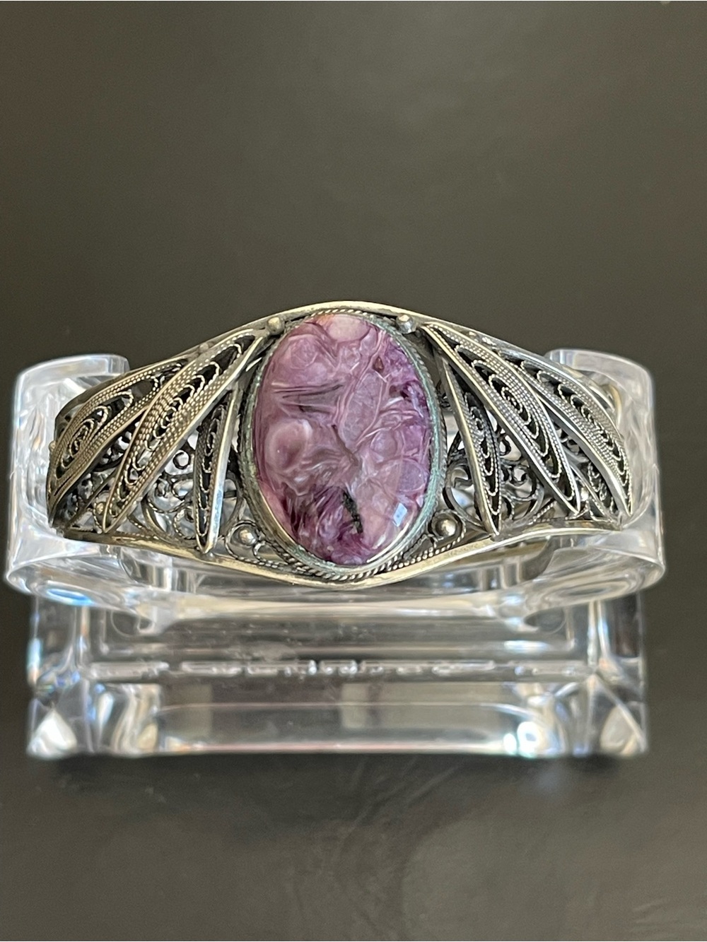 Vintage Silver tone Filigree Cuff Bracelet with purple Charoite.